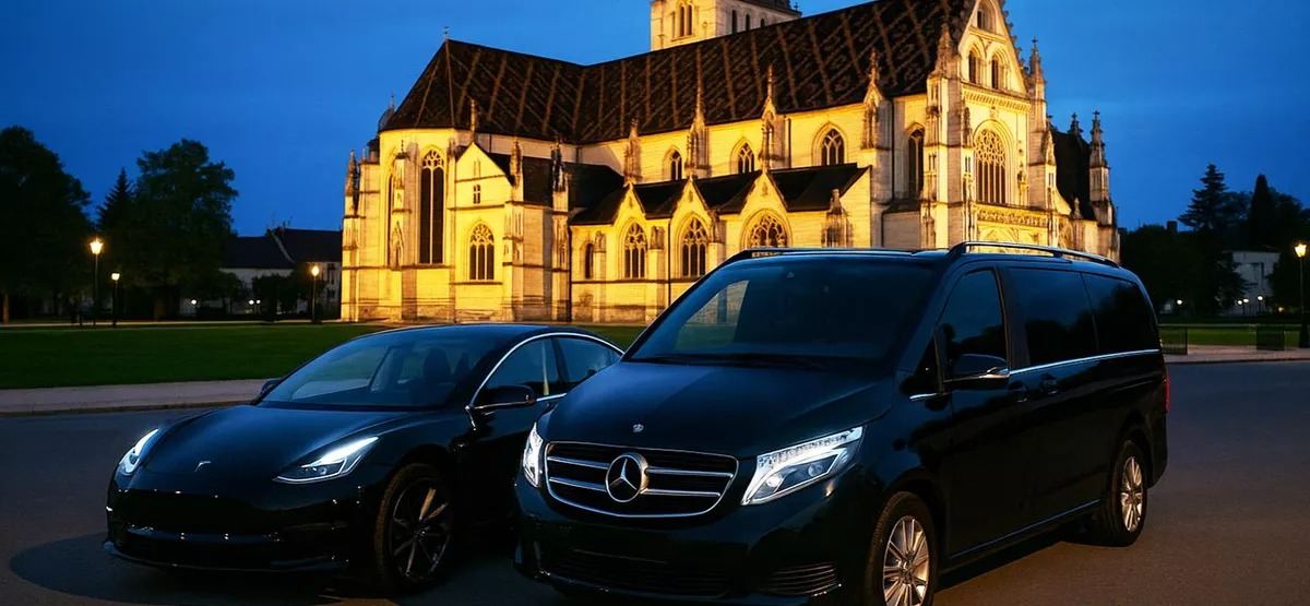 Tesla et van Mercedes GREENZ TAXI/VTC devant l'église de Brou, Bourg-en-Bresse